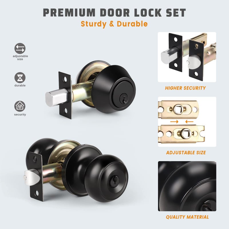 KNOBWELL 1 Pack Keyed Alike Door Knob and Double Cylinder Deadbolt Set, Exterior Door Lock Set with Deadbolt, Double Keyed Deadbolt, Black Front Door Knob and Deadbolt - Image 4